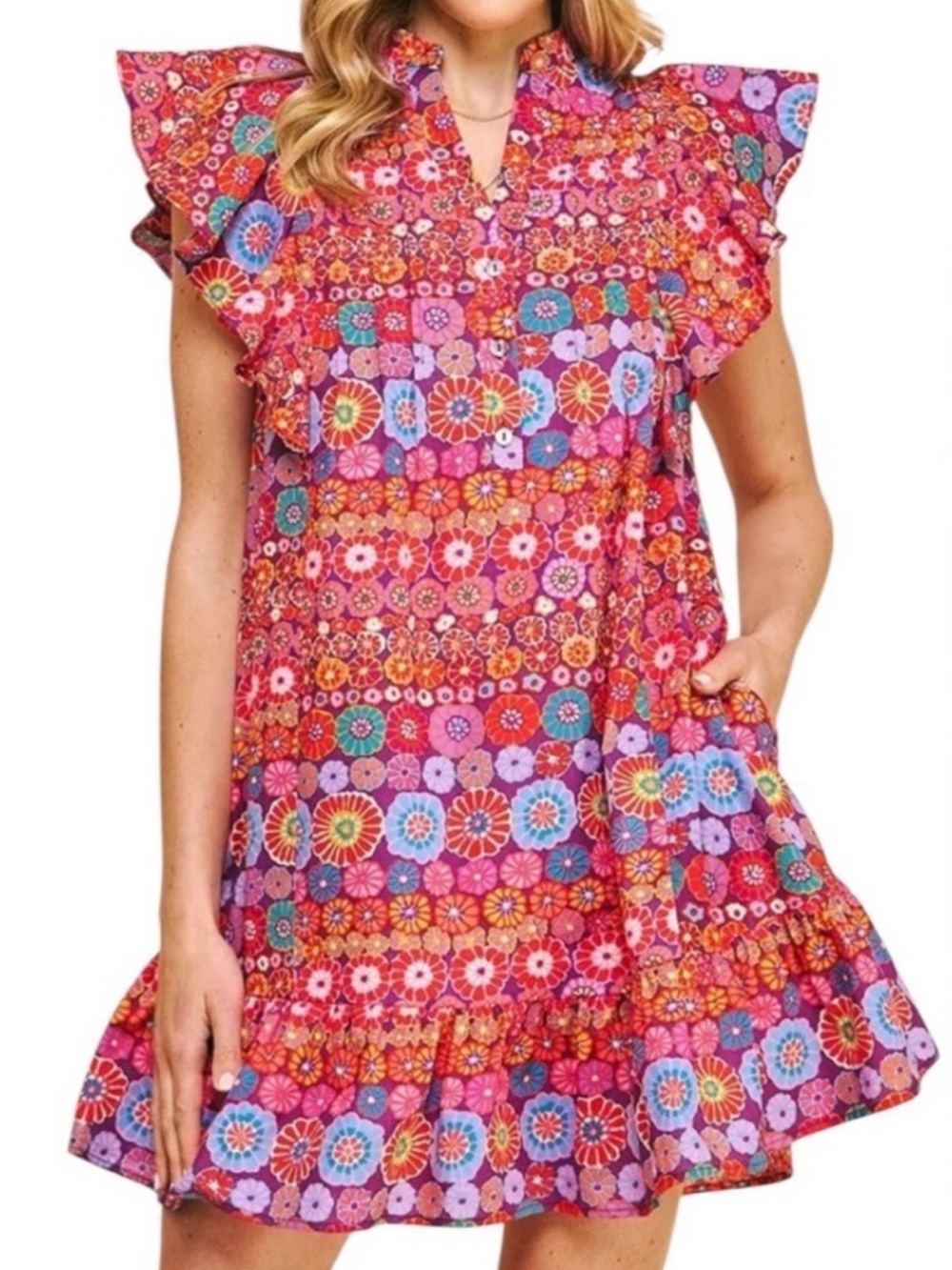 Pinch Floral Flutter Sleeve Dress - 100% Cotton with Pockets! - Sz S